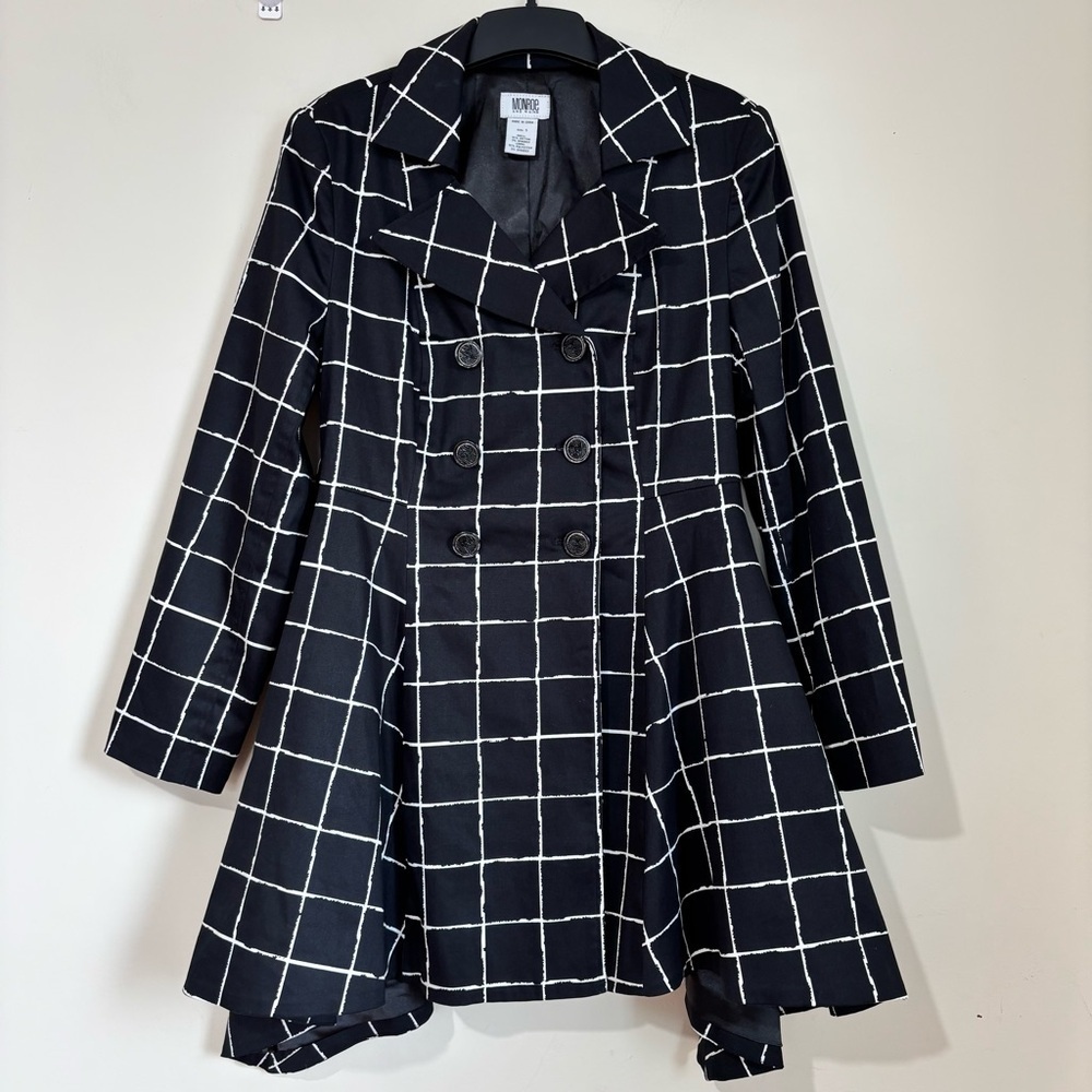 Monroe & Main Preppy Black White Plaid Double-breasted Peplum Swing Trench Coat - Picture 4 of 16